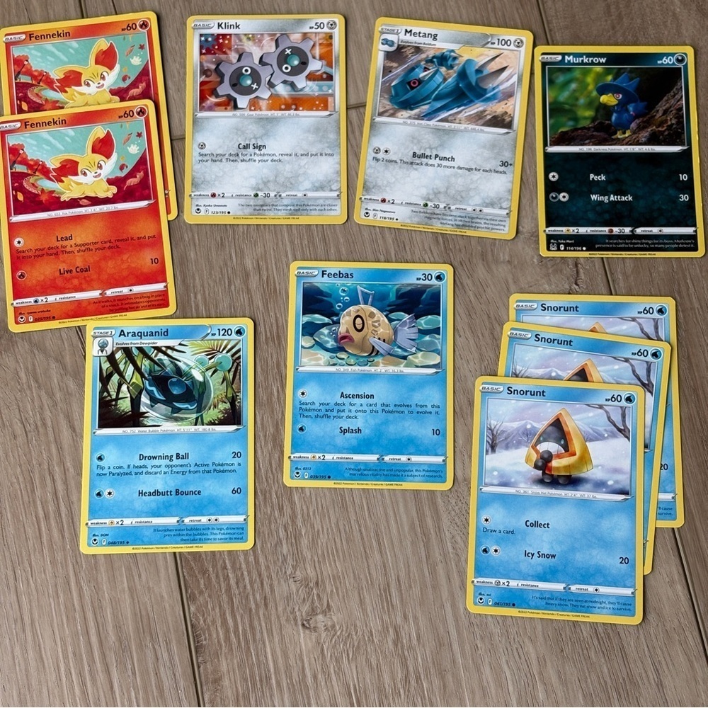 Pokemon Set of 10 Cards LOT Araquanid Feebas Snorunt Fennekin Klink Metang